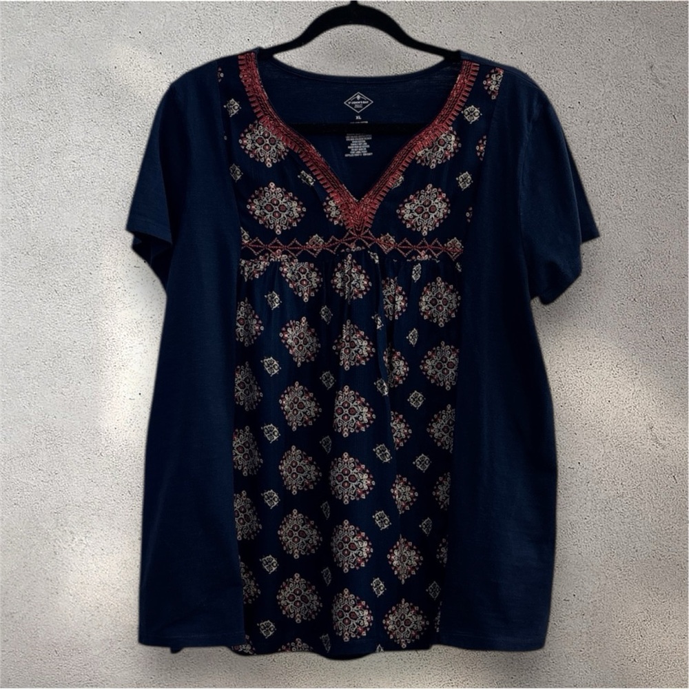 St. John's Bay Navy and Red Patterned Blouse